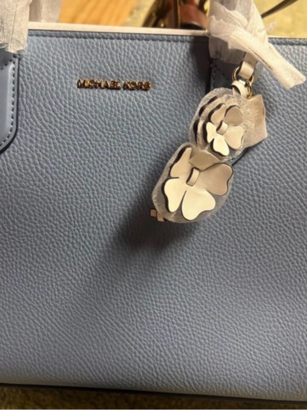 Michael Kors Light Blue Pebbled Leather Tote with Floral Charm